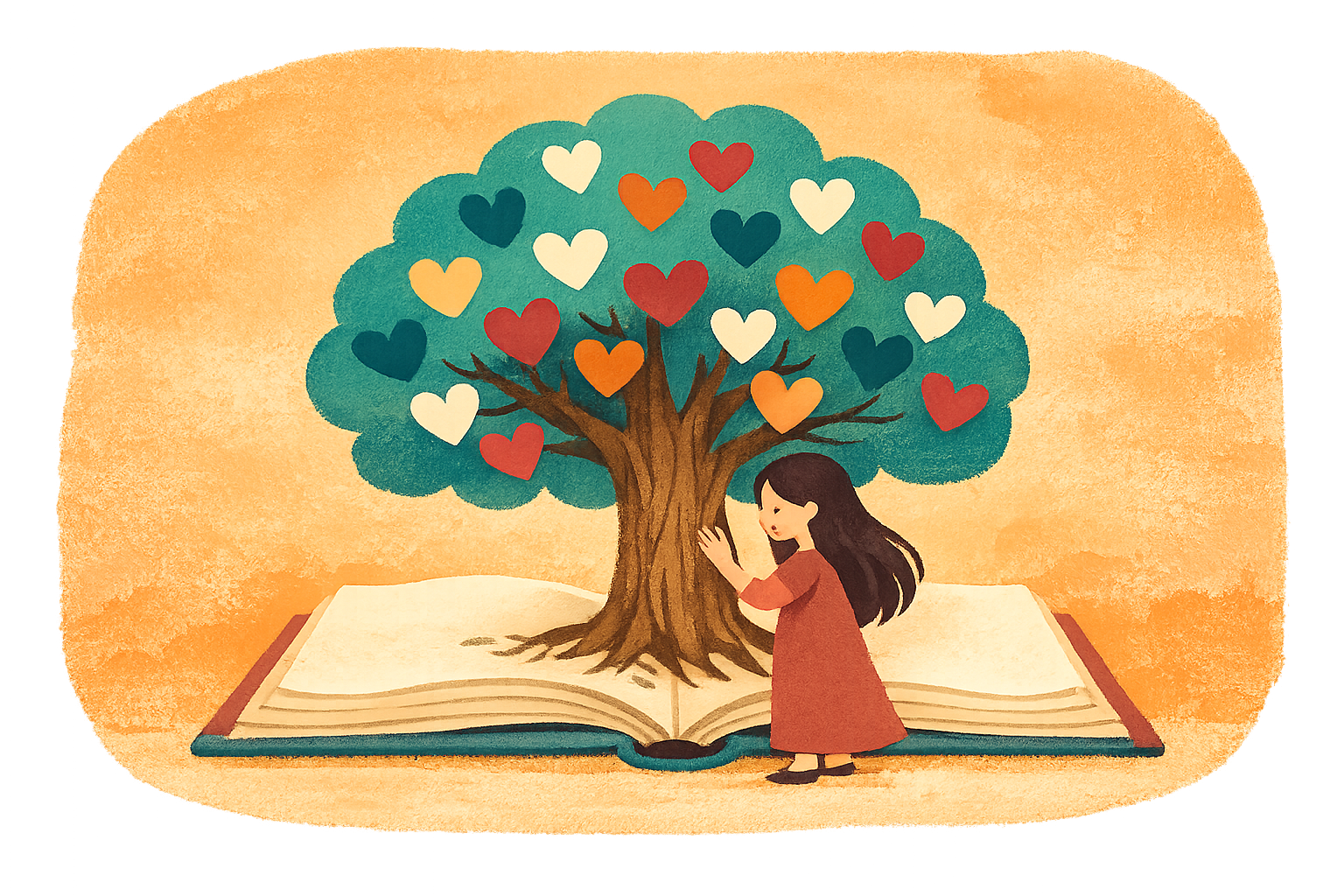 Illustration aquarelle : une fillette près d'un arbre aux feuilles en cœurs qui pousse d'un livre ouvert