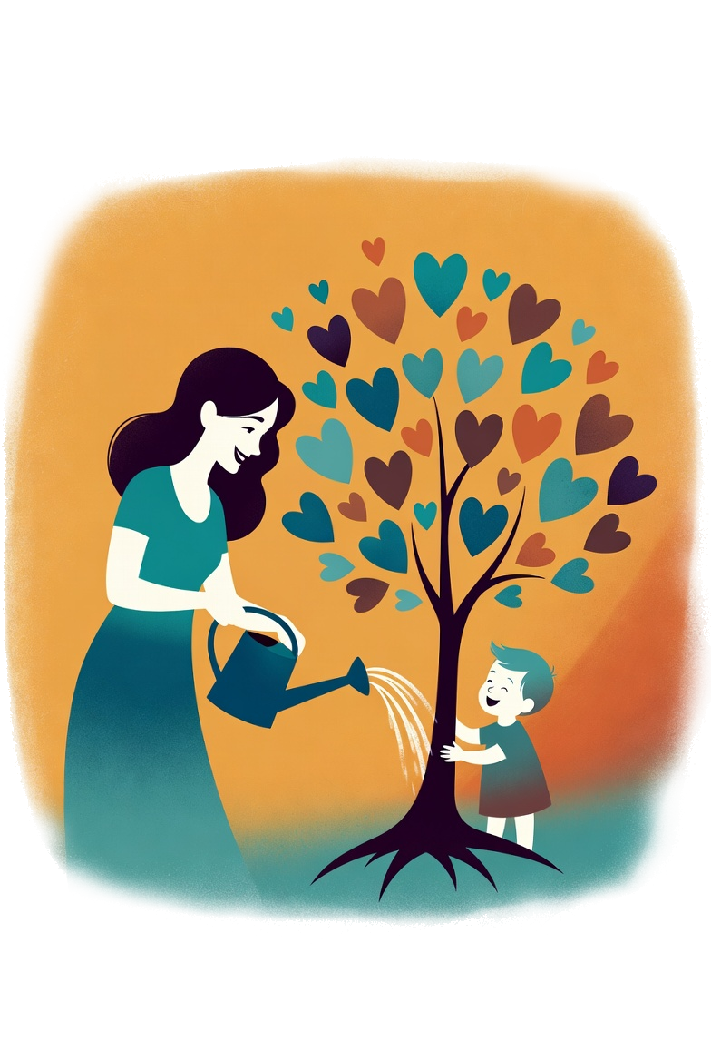 Une maman et son enfant arrosent ensemble un arbre en fleurs de cœurs